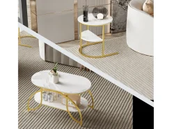Conjunto de 2 mesas de centro encaixáveis, mesa de centro redonda em mármore, mesas laterais redondas, dourado + branco