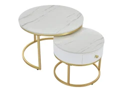 Conjunto de 2 mesas de centro encaixáveis com padrão de mármore e gaveta - 70 x 70 x 48 cm + 50 x 50 x 43,5 cm - MDF - Branco