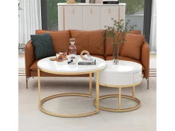 Conjunto de 2 mesas de centro encaixáveis com padrão de mármore e gaveta - 70 x 70 x 48 cm + 50 x 50 x 43,5 cm - MDF - Branco