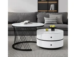 Conjunto de 2 mesas de centro redondas encaixáveis com 2 gavetas - 60x60x46cm + 50x50x30,8cm - Padrão mármore - Madeira MDF e metal - Branco + preto