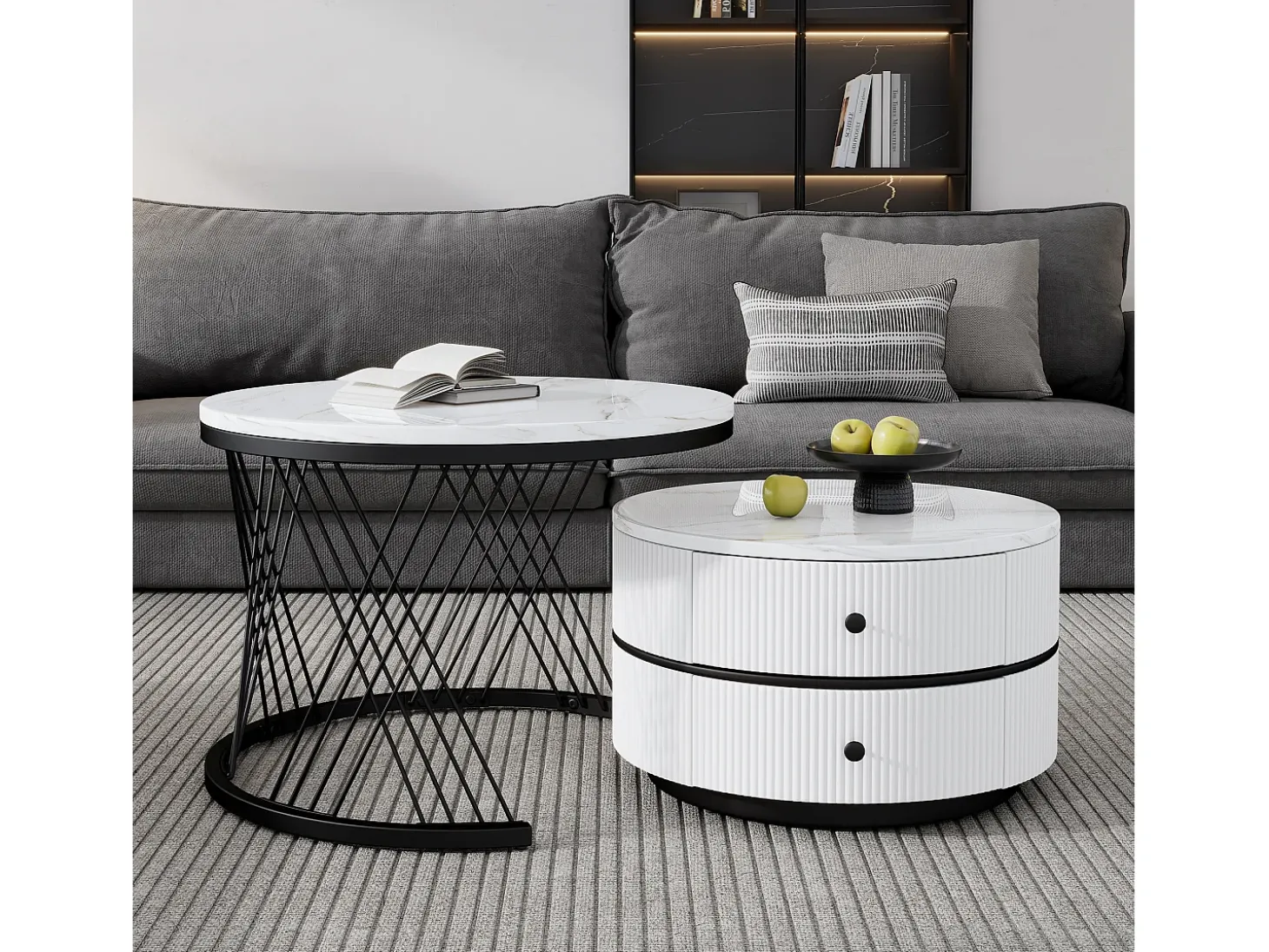 Conjunto de 2 mesas de centro redondas encaixáveis com 2 gavetas - 60x60x46cm + 50x50x30,8cm - Padrão mármore - Madeira MDF e metal - Branco + preto