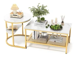Conjunto de 2 mesas de centro escandinavas - Mesa de apoio retangular com estampado de mármore - Apoios para os pés ajustáveis - Estrutura em metal dourado