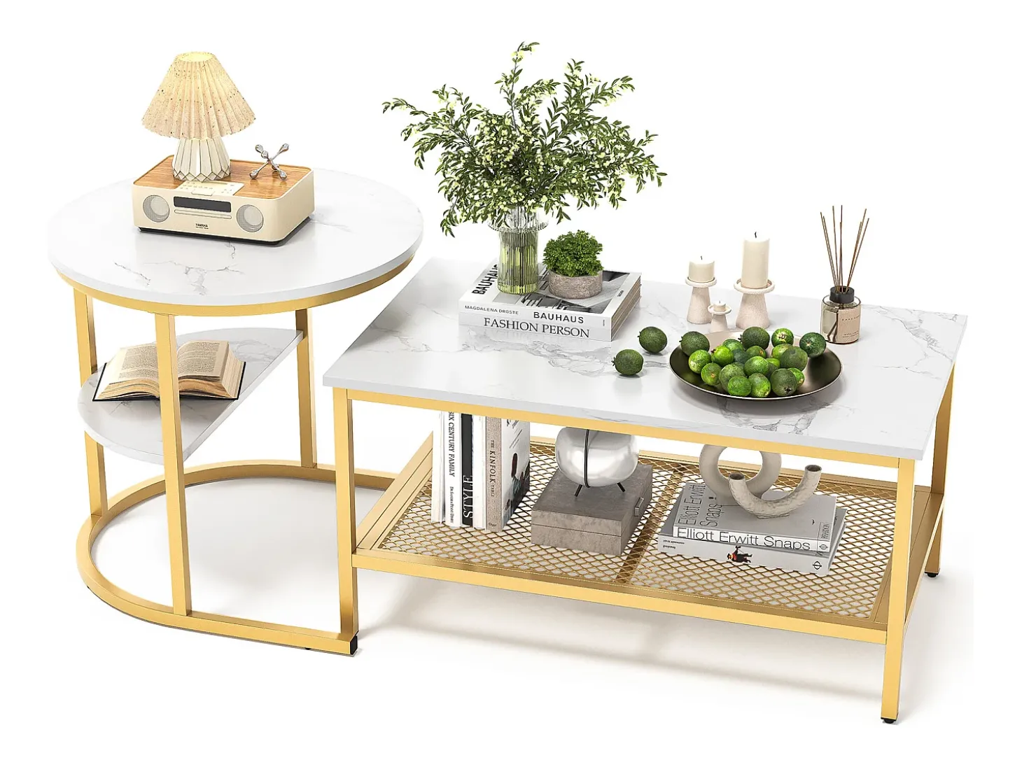 Conjunto de 2 mesas de centro escandinavas - Mesa de apoio retangular com estampado de mármore - Apoios para os pés ajustáveis - Estrutura em metal dourado