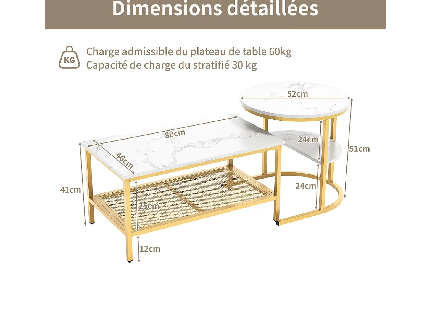Conjunto de 2 mesas de centro escandinavas - Mesa de apoio retangular com estampado de mármore - Apoios para os pés ajustáveis - Estrutura em metal dourado