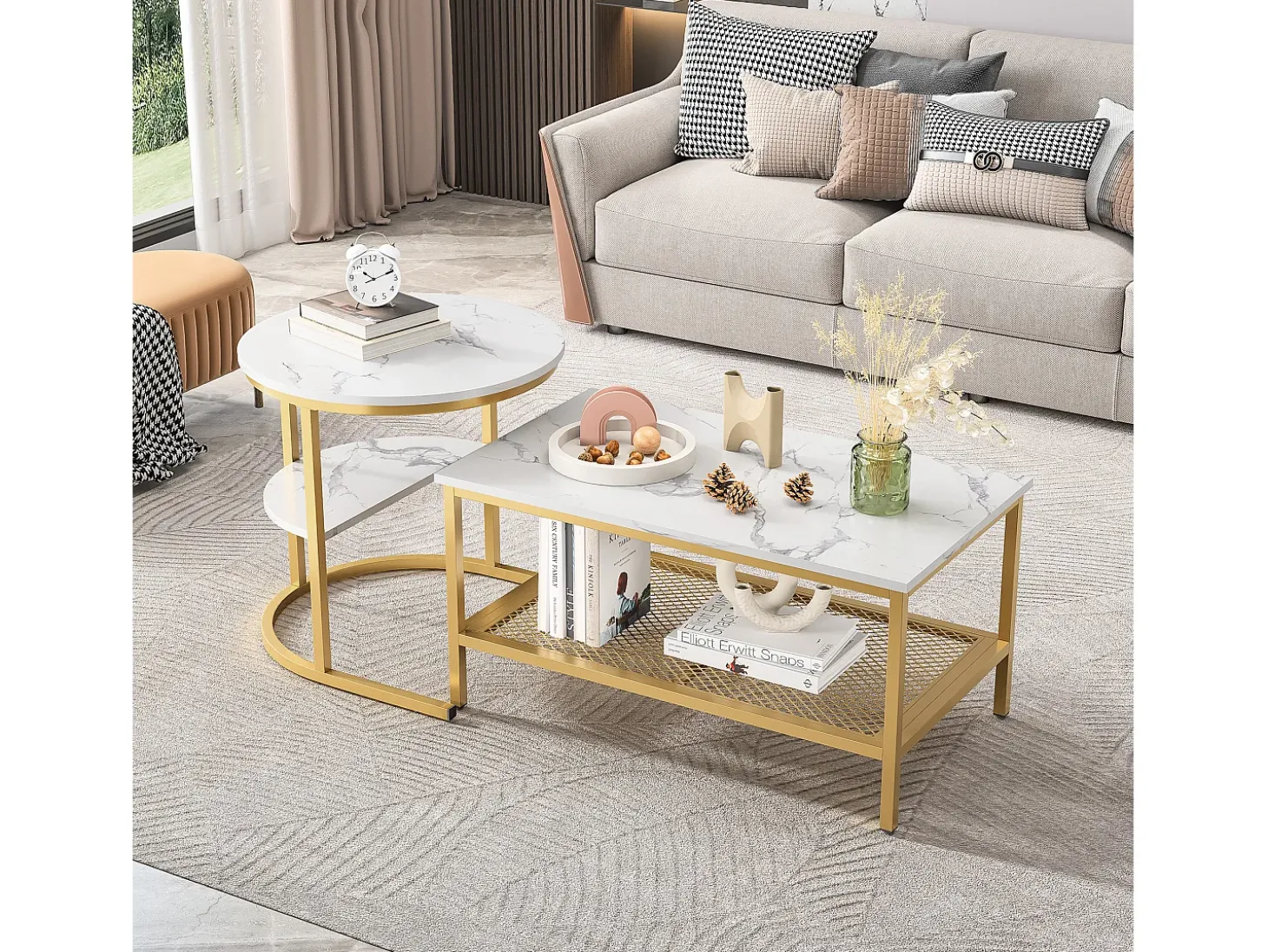 Conjunto de 2 mesas de centro escandinavas - Mesa de apoio retangular com estampado de mármore - Apoios para os pés ajustáveis - Estrutura em metal dourado