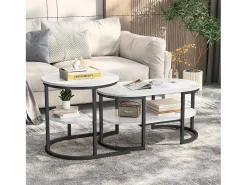 Conjunto de 2 mesas de centro com estrutura metálica e prateleira, estilo moderno para sala de estar, pretas.