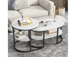 Conjunto de 2 mesas de centro com estrutura metálica e prateleira, estilo moderno para sala de estar, pretas.