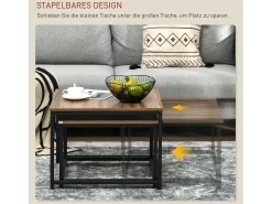 Conjunto de 2 mesas de centro encaixáveis 60/54, design industrial, empilháveis, para sala de estar, quarto, cor natural.