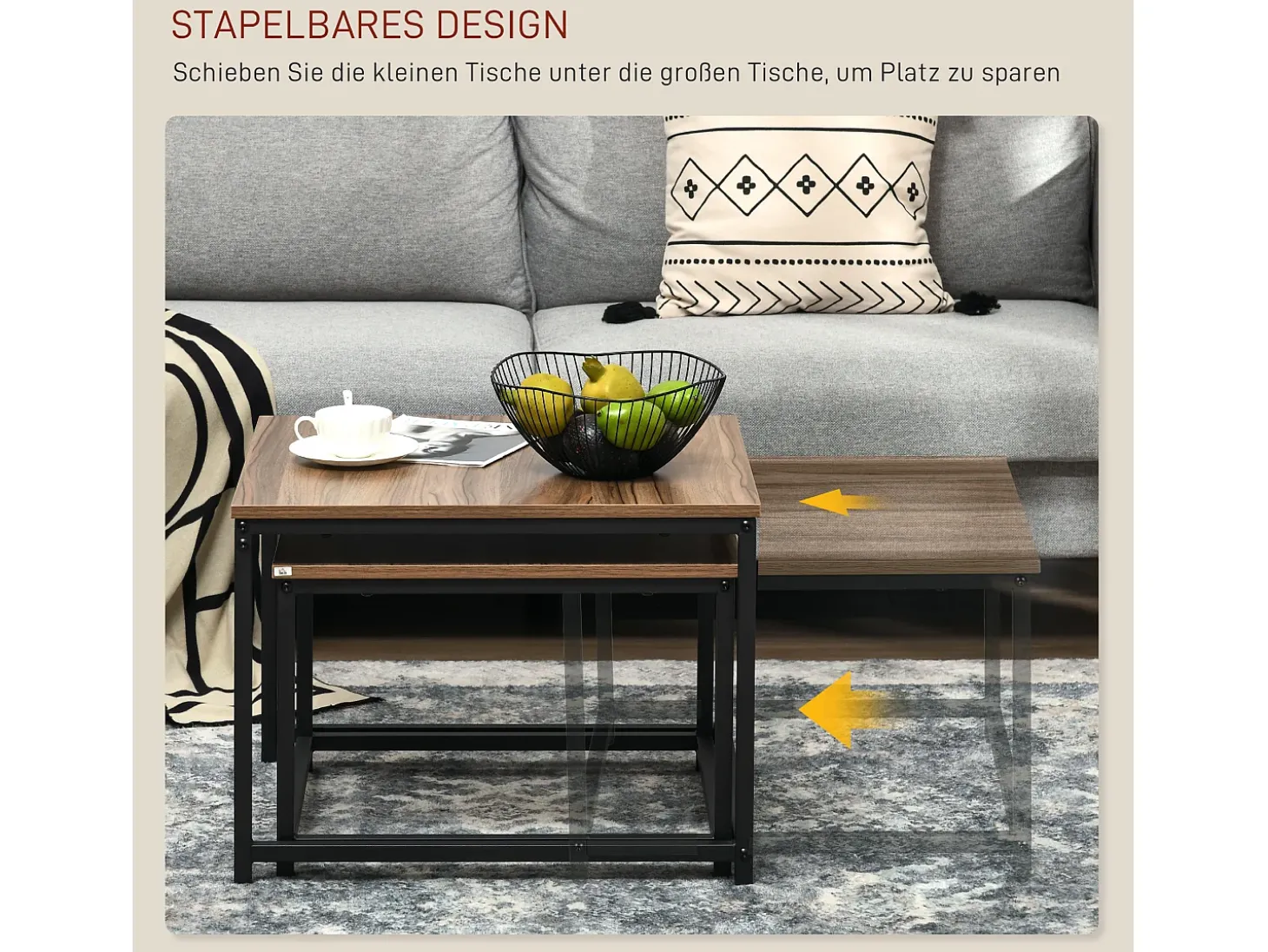 Conjunto de 2 mesas de centro encaixáveis 60/54, design industrial, empilháveis, para sala de estar, quarto, cor natural.
