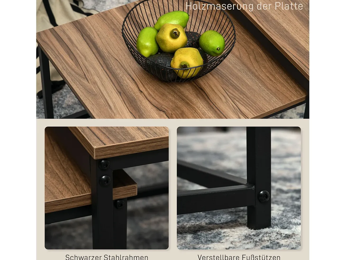 Conjunto de 2 mesas de centro encaixáveis 60/54, design industrial, empilháveis, para sala de estar, quarto, cor natural.