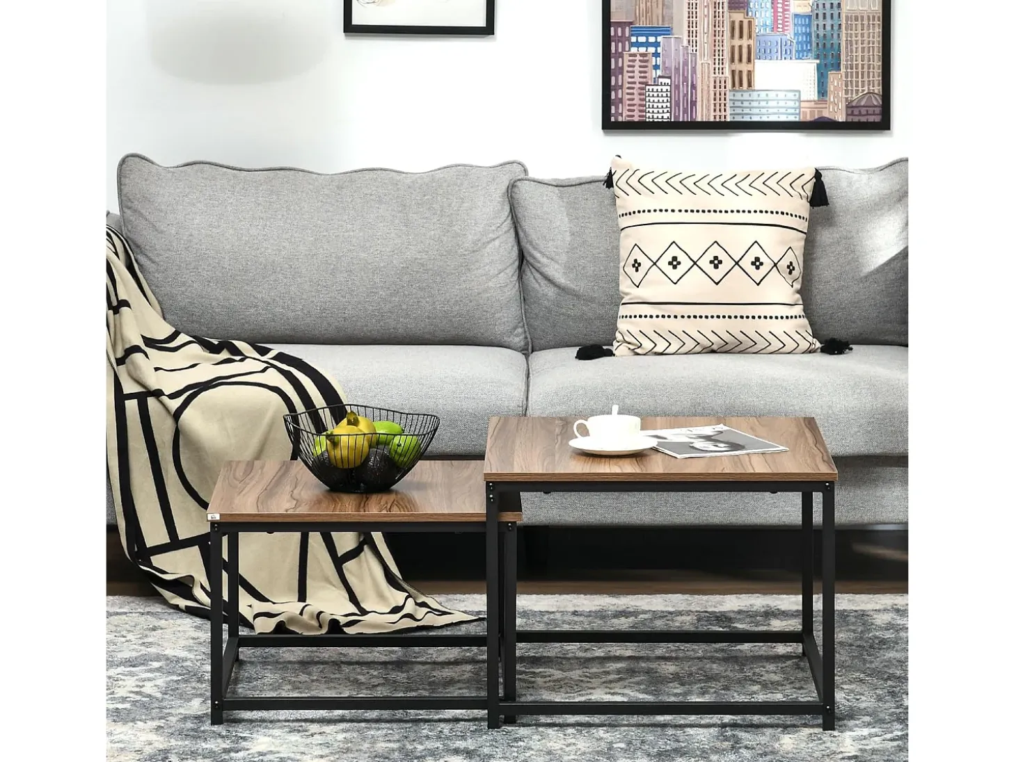Conjunto de 2 mesas de centro encaixáveis 60/54, design industrial, empilháveis, para sala de estar, quarto, cor natural.