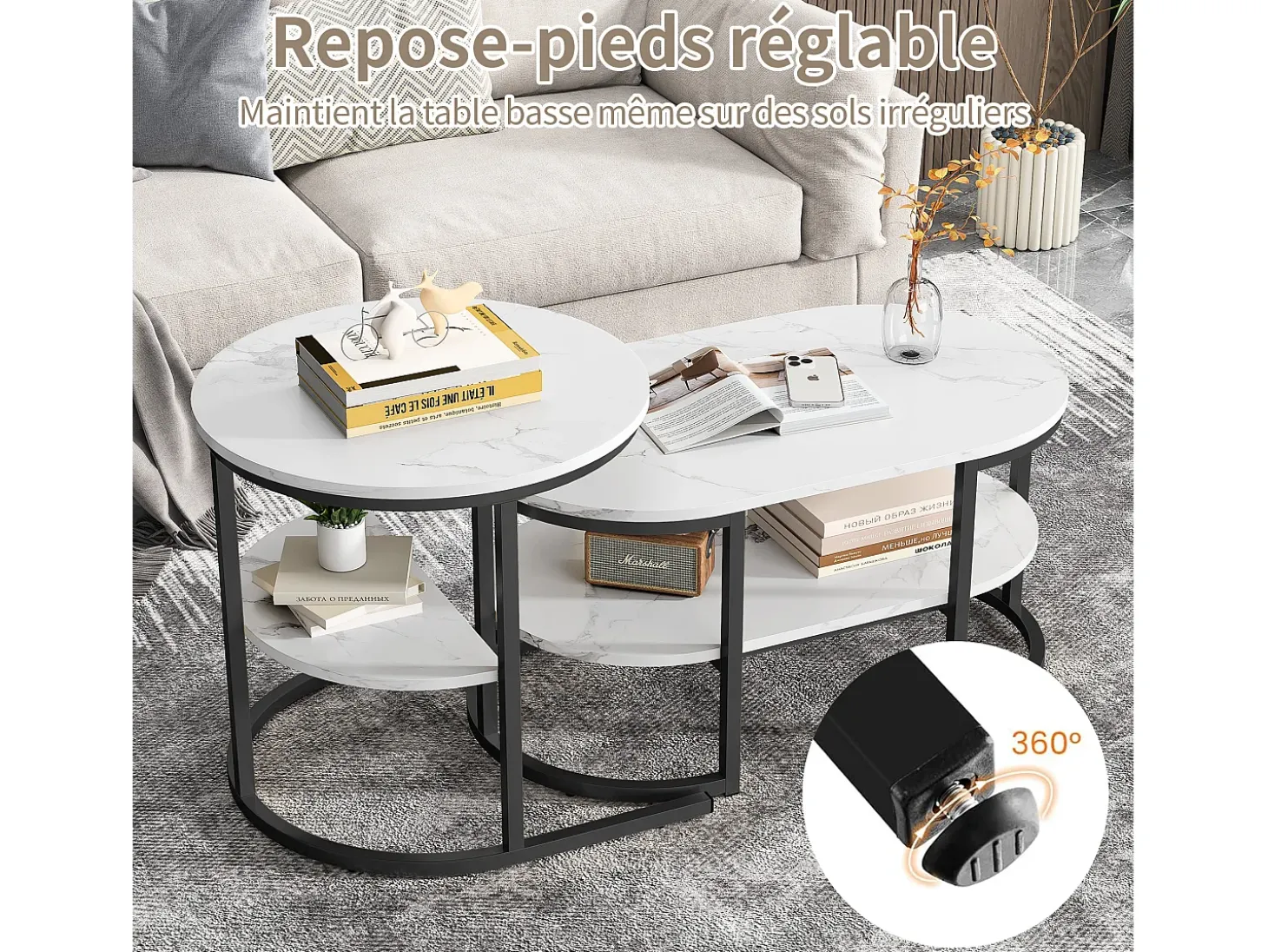 Conjunto de 2 mesas de centro encaixáveis, mesa encaixável com design de mármore, estrutura de metal preto
