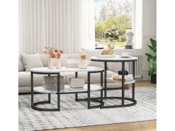Conjunto de 2 mesas de centro encaixáveis, mesa encaixável com design de mármore, estrutura de metal preto