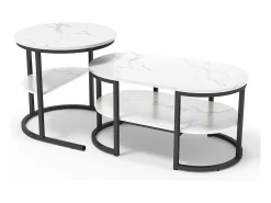 Conjunto de 2 mesas de centro encaixáveis, mesa encaixável com design de mármore, estrutura de metal preto