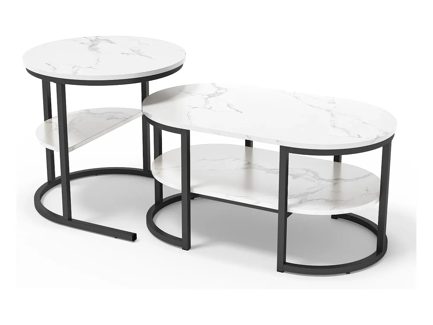 Conjunto de 2 mesas de centro encaixáveis, mesa encaixável com design de mármore, estrutura de metal preto