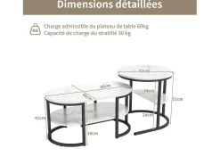 Conjunto de 2 mesas de centro encaixáveis, mesa encaixável com design de mármore, estrutura de metal preto
