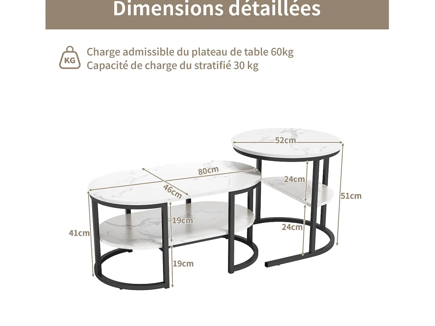 Conjunto de 2 mesas de centro encaixáveis, mesa encaixável com design de mármore, estrutura de metal preto