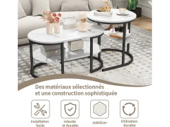 Conjunto de 2 mesas de centro encaixáveis, mesa encaixável com design de mármore, estrutura de metal preto