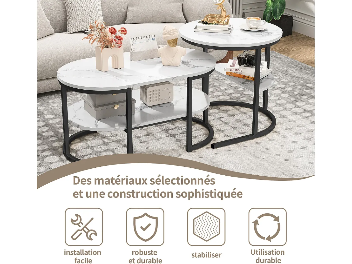 Conjunto de 2 mesas de centro encaixáveis, mesa encaixável com design de mármore, estrutura de metal preto