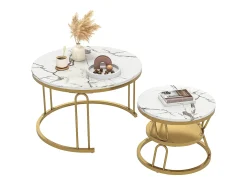 Conjunto de 2 mesas de centro encaixáveis, mesa redonda, tampo em mármore, perna em ferro em forma de U, D70x45+P45x40cm dourado