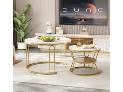 Conjunto de 2 mesas de centro encaixáveis, mesa redonda, tampo em mármore, perna em ferro em forma de U, D70x45+P45x40cm dourado