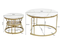 Conjunto de 2 mesas de centro encaixáveis, mesa redonda, tampo em mármore, perna em ferro em forma de U, D70x45+P45x40cm dourado