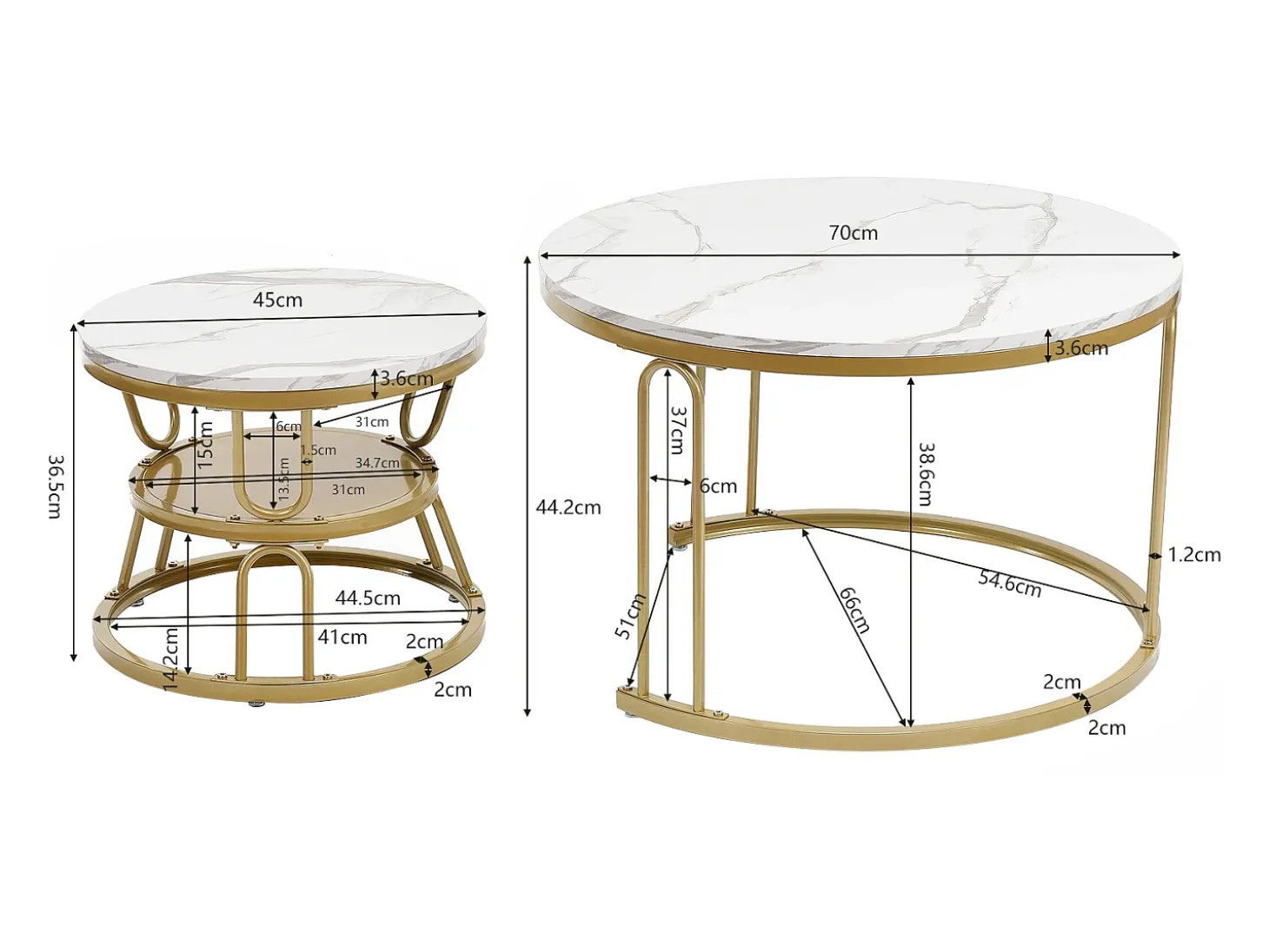 Conjunto de 2 mesas de centro encaixáveis, mesa redonda, tampo em mármore, perna em ferro em forma de U, D70x45+P45x40cm dourado