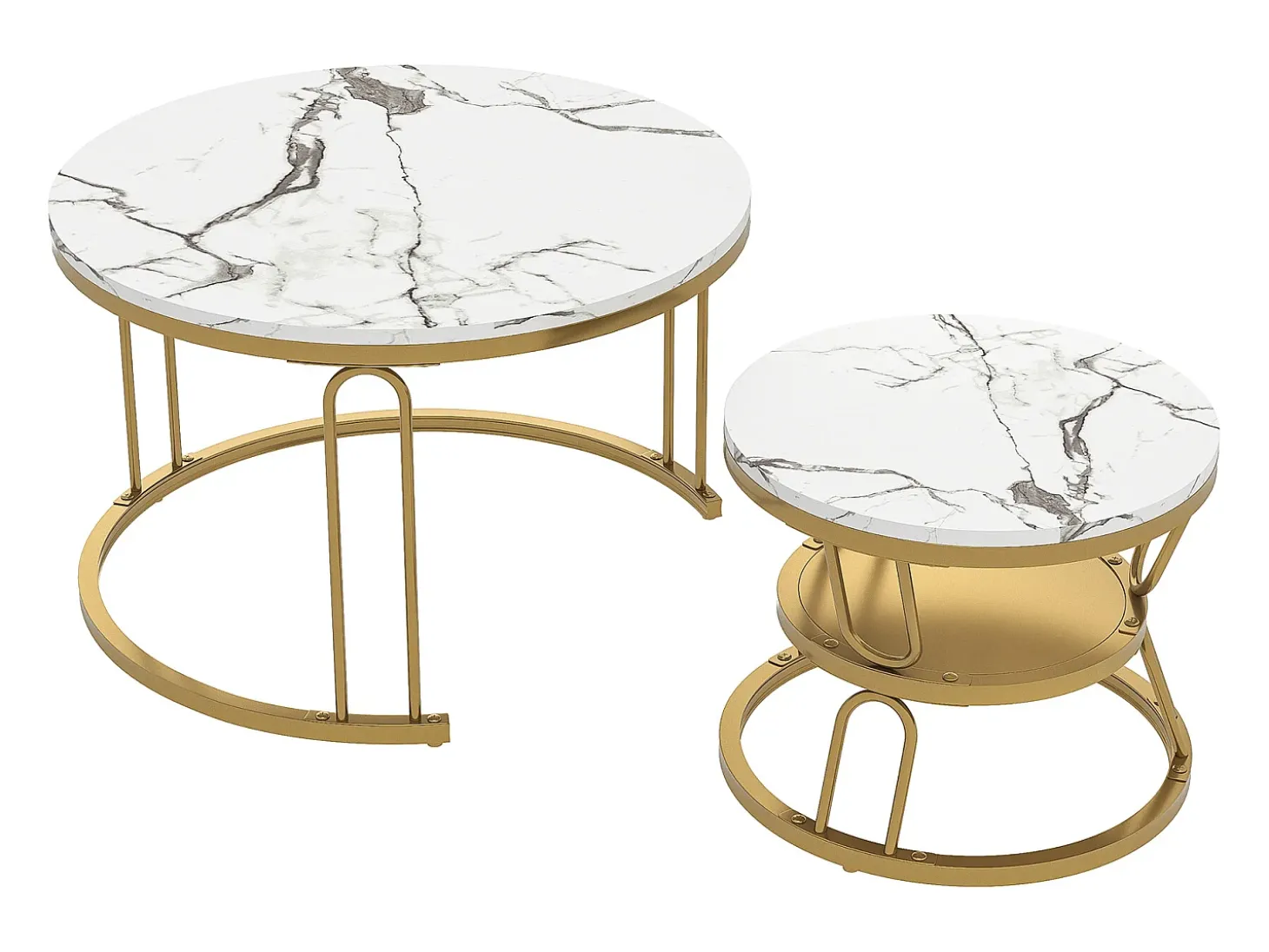 Conjunto de 2 mesas de centro encaixáveis, mesa redonda, tampo em mármore, perna em ferro em forma de U, D70x45+P45x40cm dourado