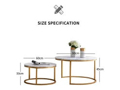Conjunto de 2 mesas de centro encaixáveis, com mármore brilhante, dourado e branco