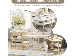 Conjunto de 2 mesas de centro com estrutura metálica e prateleira, estilo moderno para sala de estar, douradas.