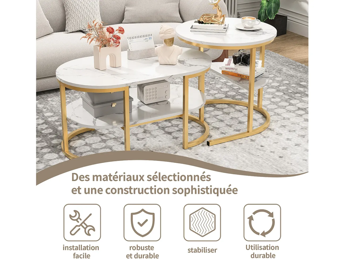 Conjunto de 2 mesas de centro com estrutura metálica e prateleira, estilo moderno para sala de estar, douradas.