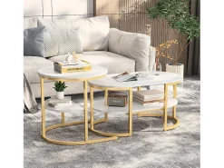 Conjunto de 2 mesas de centro com estrutura metálica e prateleira, estilo moderno para sala de estar, douradas.