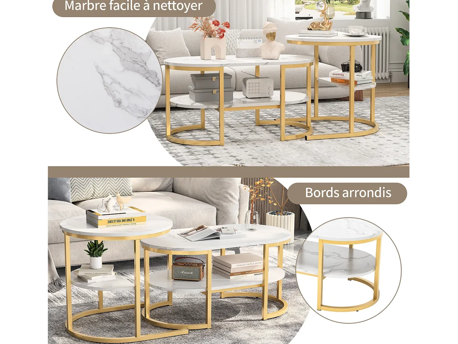 Conjunto de 2 mesas de centro com estrutura metálica e prateleira, estilo moderno para sala de estar, douradas.