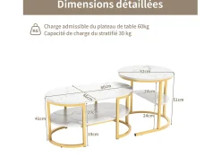 Conjunto de 2 mesas de centro com estrutura metálica e prateleira, estilo moderno para sala de estar, douradas.