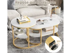 Conjunto de 2 mesas de centro com estrutura metálica e prateleira, estilo moderno para sala de estar, douradas.