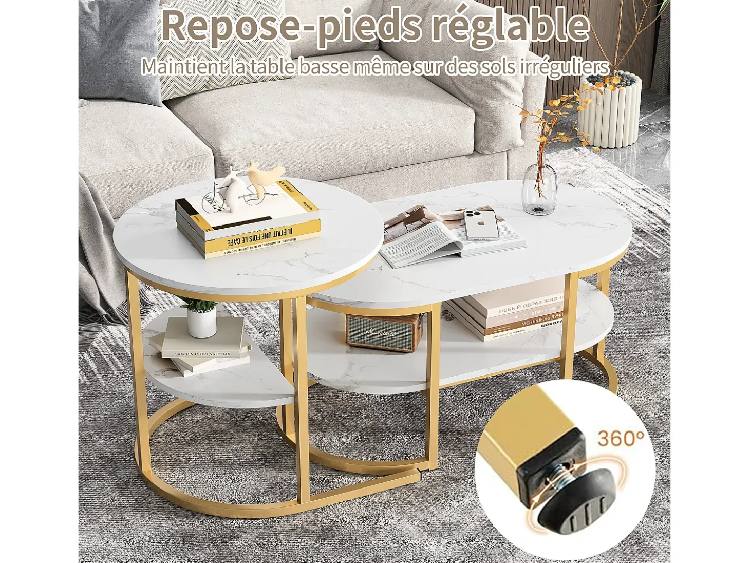 Conjunto de 2 mesas de centro com estrutura metálica e prateleira, estilo moderno para sala de estar, douradas.