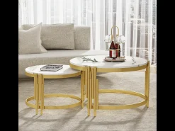 Conjunto de 2 mesas de centro encaixáveis em efeito mármore - Estrutura metálica dourada - 71,5x71,5x 44 cm + 51,5x51,5x37 cm - Branco
