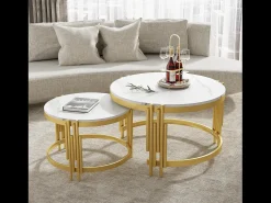 Conjunto de 2 mesas de centro encaixáveis em efeito mármore - Estrutura metálica dourada - 71,5x71,5x 44 cm + 51,5x51,5x37 cm - Branco