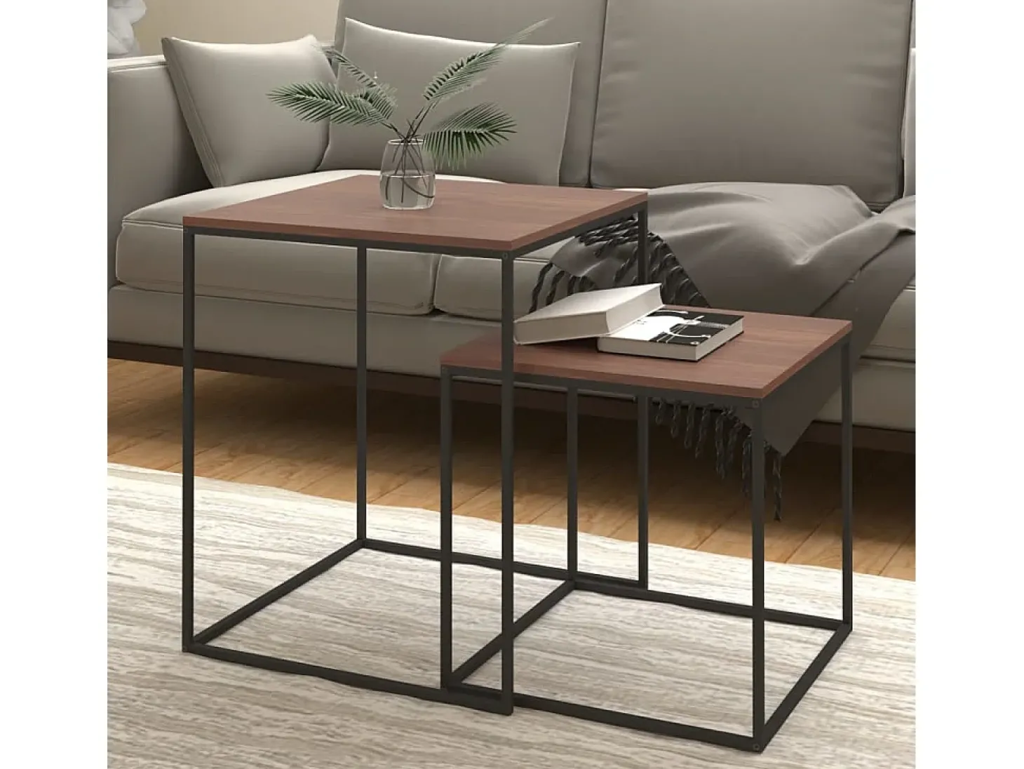 Conjunto de 2 Mesas de Centro | Mesa de apoio derivados de madeira e metal