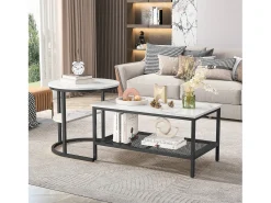 Conjunto de 2 mesas de centro escandinavas - Mesa de apoio retangular com estampado de mármore - Apoios para os pés ajustáveis ​​- Estrutura de metal preta