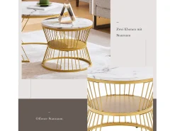 Conjunto de 2 mesas de centro encaixáveis com prateleira - madeira MDF e metal - tampos com padrão de mármore - branco