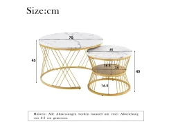 Conjunto de 2 mesas de centro encaixáveis com prateleira - madeira MDF e metal - tampos com padrão de mármore - branco