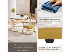 Conjunto de 2 mesas de centro encaixáveis com prateleira - madeira MDF e metal - tampos com padrão de mármore - branco
