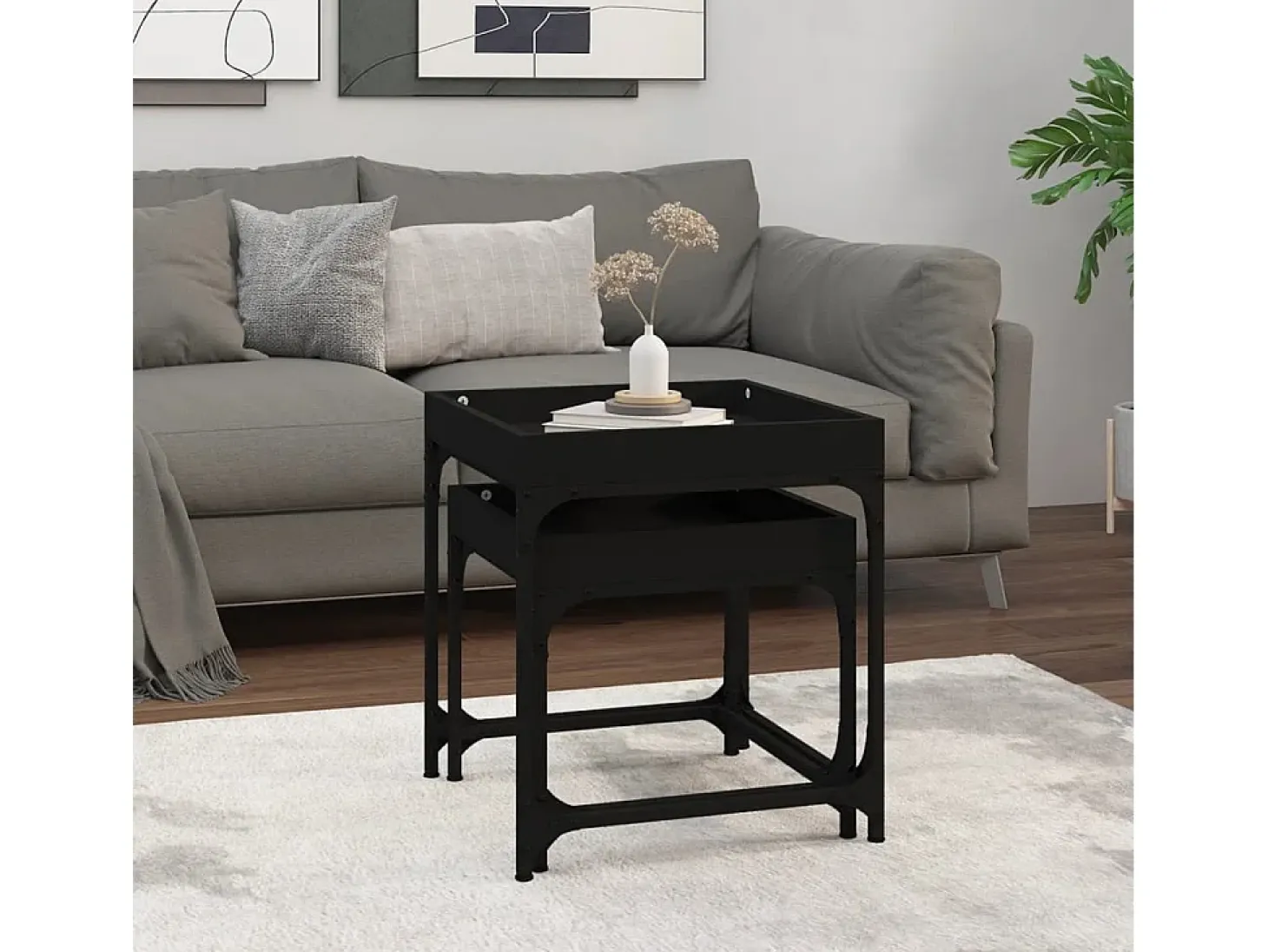Conjunto de 2 Mesas de Centro | Mesa de apoio | Mesa de café derivados de madeira preto