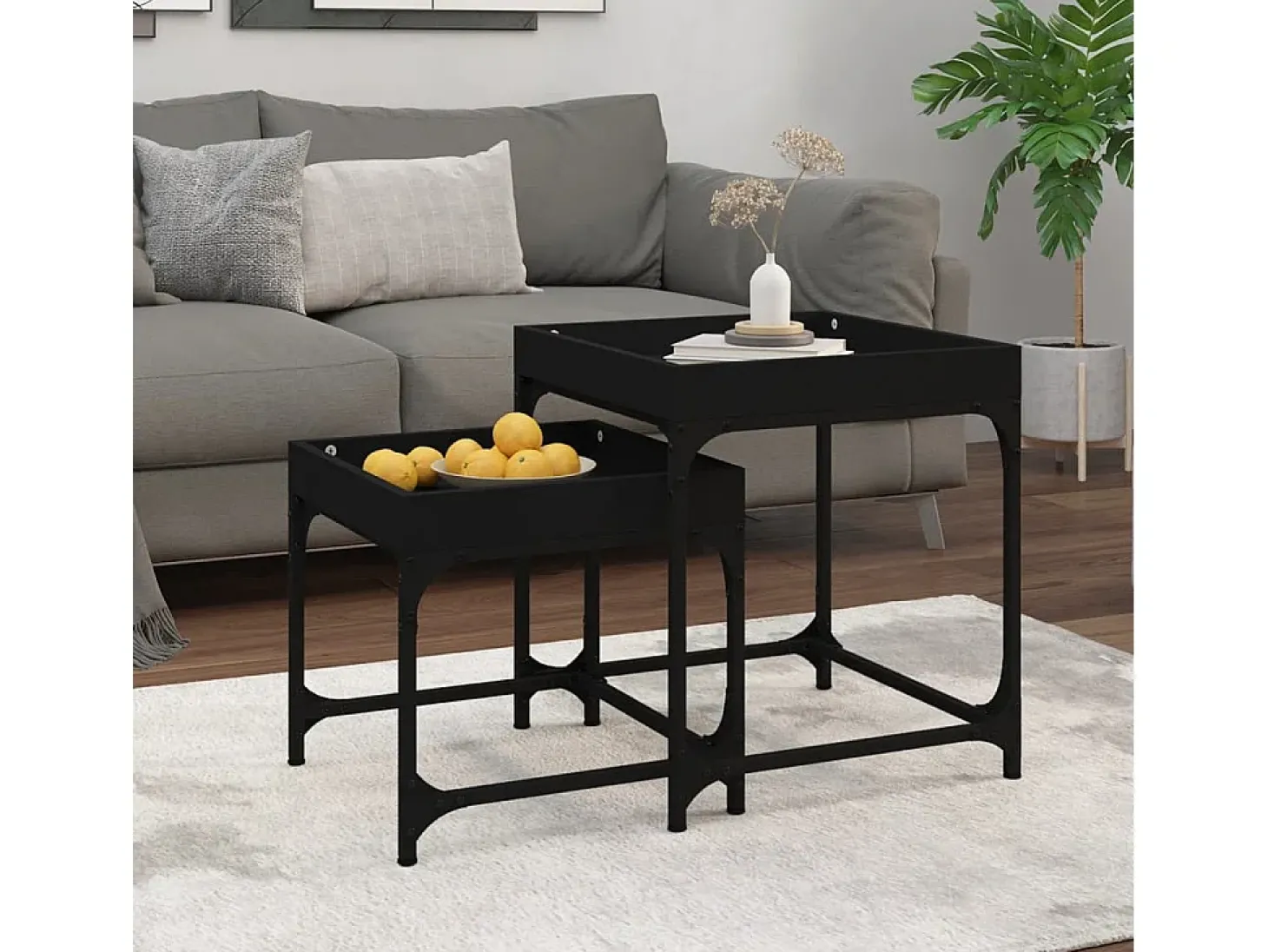 Conjunto de 2 Mesas de Centro | Mesa de apoio | Mesa de café derivados de madeira preto