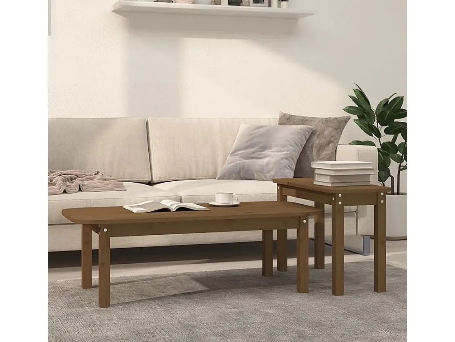 Conjunto de 2 Mesas de Centro | Mesa de apoio pinho maciço castanho mel
