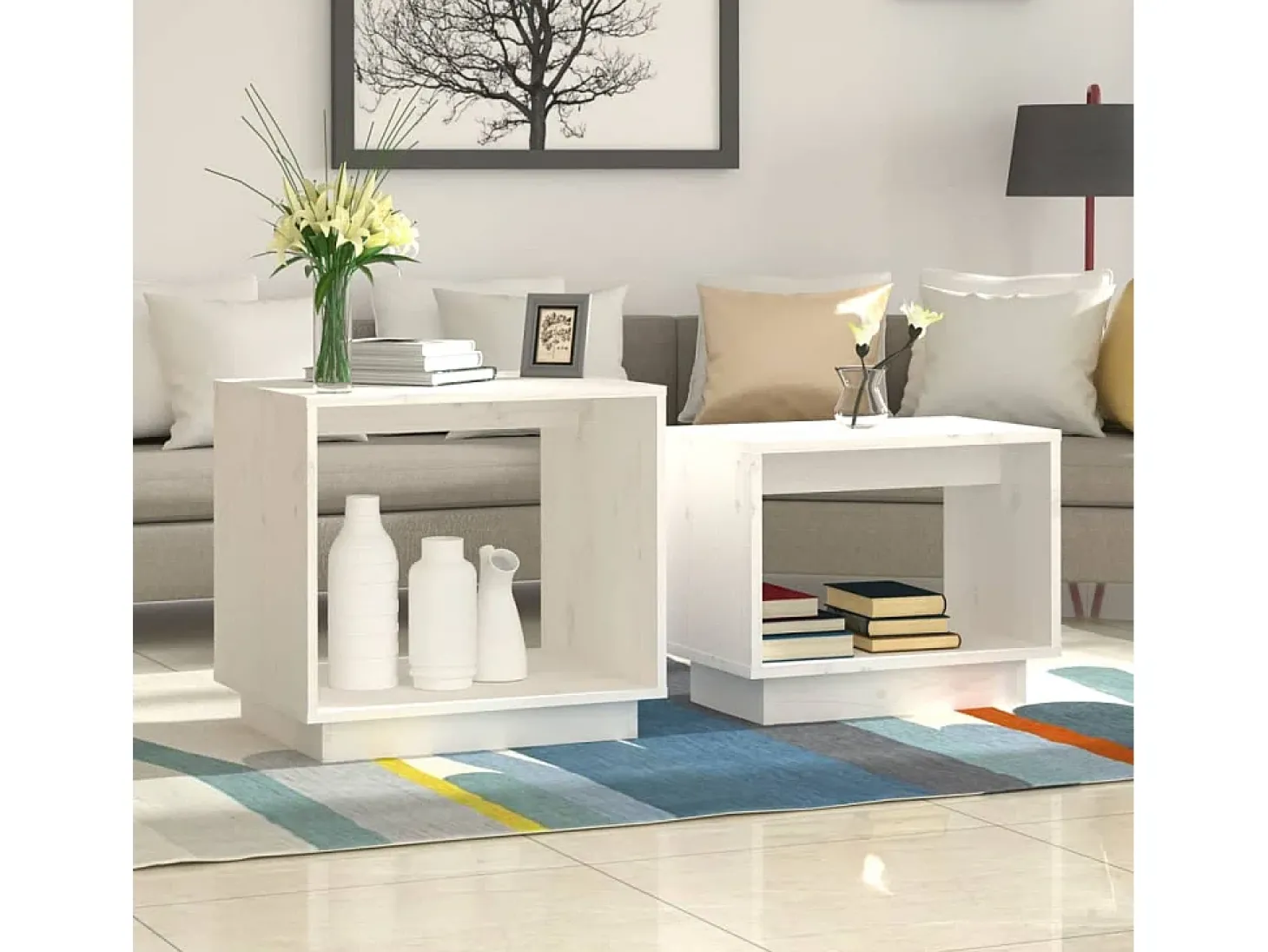 Conjunto de 2 Mesas de Centro | Mesa de apoio de encastrar pinho maciço branco