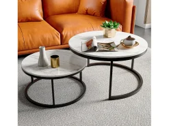 Conjunto de 2 mesas de centro modernas, empilháveis, estrutura em metal preto, tampo em mármore - 80 cm