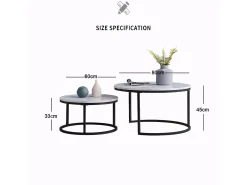 Conjunto de 2 mesas de centro modernas, empilháveis, estrutura em metal preto, tampo em mármore - 80 cm
