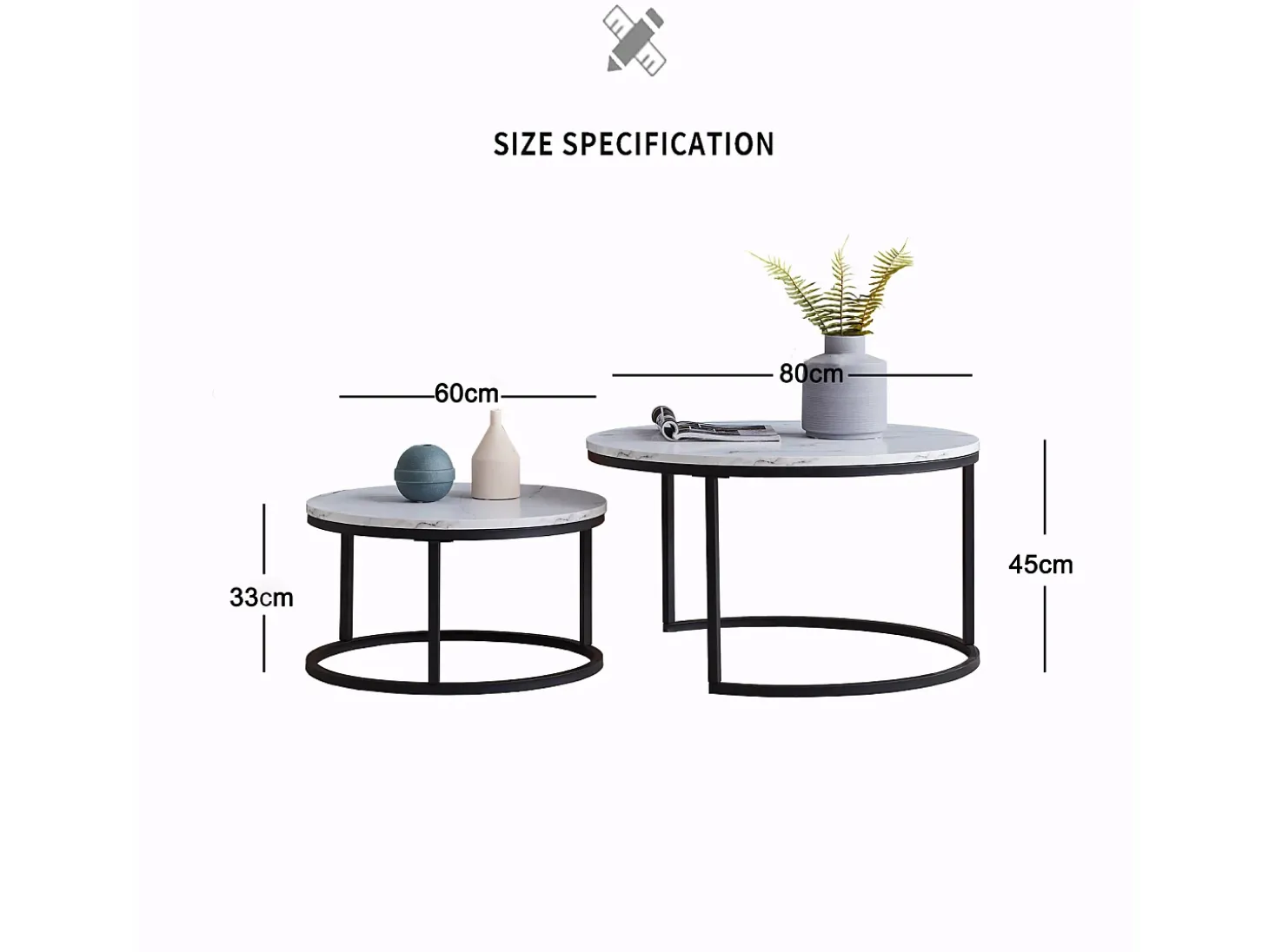 Conjunto de 2 mesas de centro modernas, empilháveis, estrutura em metal preto, tampo em mármore - 80 cm